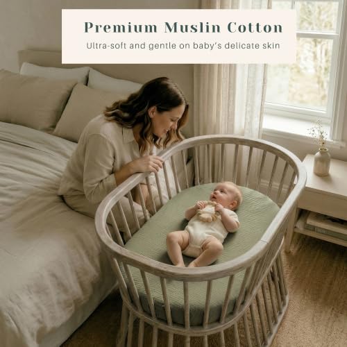 Image of Baby Muslin Bassinet Sheets 3 Pack for Boys & Girls, Soft Breathable Cotton Bassinet Mattress Cover, Universal Fit for Hourglass, Oval, and Rectangle Mattress (Woodland Sage)