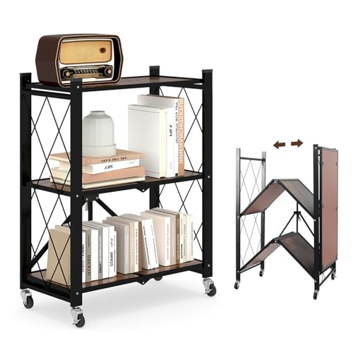 Image of 3 Tier Folding Shelf with Wheels, Wood and Metal Bookshelf | No Assembly Foldable Storage Shelves, Vintage Storage Rack for Living Room, Bedroom, and Home Office