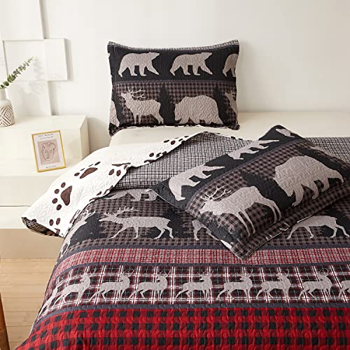 King Size Quilt Set Lodge Rustic Quilt Bedding Set King Size Bedspread Coverlet Lightweight Reversible Home Quilt Red Black Buffalo Plaid Quilt Bed Spread Country Cabin Forest Moose Bear Bedding #TOP6