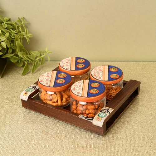Image of AAKRITI ART CREATIONS Artisan Munch Tray S04 Jars | Handcrafted Dhokra Brass Storage Jars| Kitchen Decoration Items Stylish Tray & Jars| Airtight Kitchen Jars with Wooden