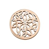 Quiges Rosegold Edelstahl Large Coin 33mm Blumenmuster mit Zirkonia für austauschbare Anhänger Münzfassung Halskette