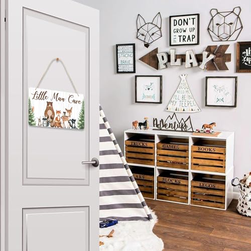 Uflashmi Wood Liitle Man Cave Sign, Woodland Animal Nursery Wall Decor for Baby Boys Room, Woodland Theme Nursey Room Decor for Toddler Boy, 12”x6” - Image 6