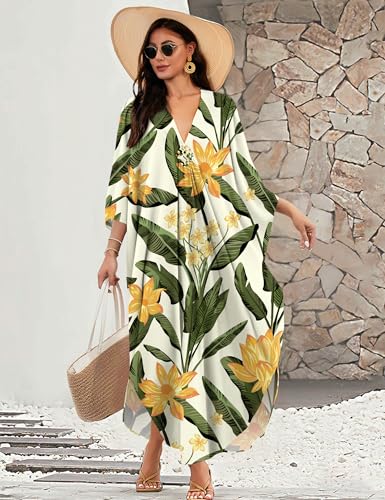 Image of MAKABO Kaftan Dresses for Women, V Neck Moo Moos Colorful Print Cover Ups Caftan Beach Dresses for Swimwear