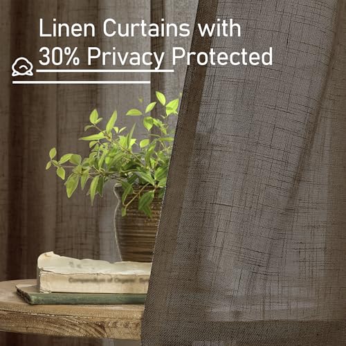 Image of LAMIT Brown Linen Curtains 63 Inch Length for Bedroom, Chocolate Semi Sheer Window Drapes Light Filtering Bronze Grommet Panels for Living Room /Farmhouse, 2 Panels, Dark Brown, 52 x 63 Inch
