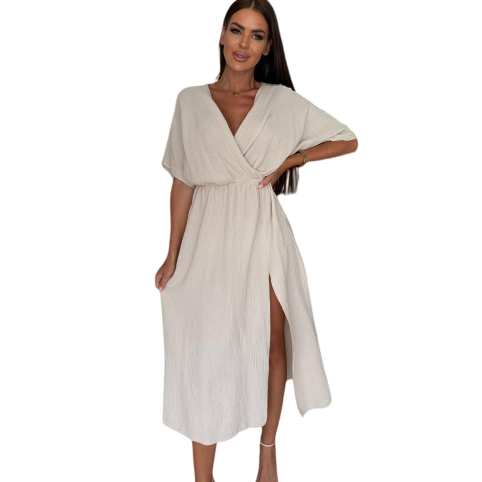 Abito Donna Avvolgere V Collo Midi Manica Corta Elastico Casual in Vita, Fessura Laterale Ruggine Textured-Green-l