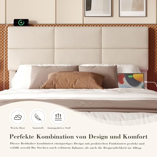 Polsterbett Doppelbett 180x200, LED Jugendbett Hydraulisches Stauraumbett mit Stauraum&USB Ladefunktion, Funktionsbett Bettgestell mit Höhenverstellbarem Kopfteil&Lattenrost, Samt, Ohne Matratze,Beige