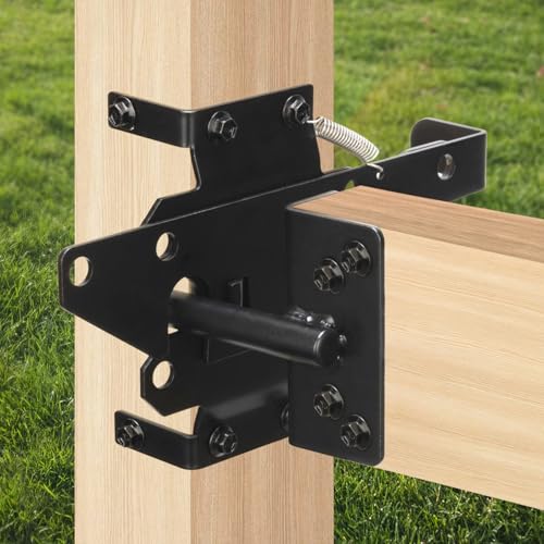 BOODVON Self Locking Gate Latch for Wooden Fence, Heavy Duty Post Mount Automatic Gate Lock Gravity Door Latch Hardware for Secure Pool/Yard/Garden, Steel, Black Finish