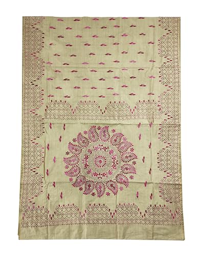 Image of SHRISTI CLOTHINGS Women's Hand Embroidered Cotton Silk Kantha Stitch Saree with Blouse Piece (SB420324 SWD55)