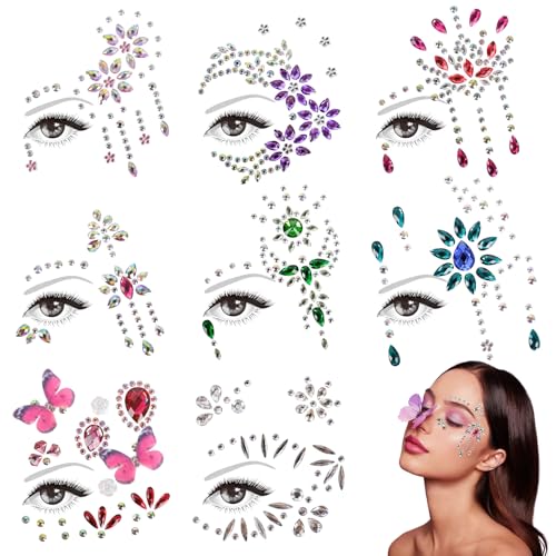 HZHSGLY 8PCS Face Gems Self-Adhesive Face Gems for Women Kids Festival Glitter Gem Stickers for Concerts Carnivals Halloween Christmas