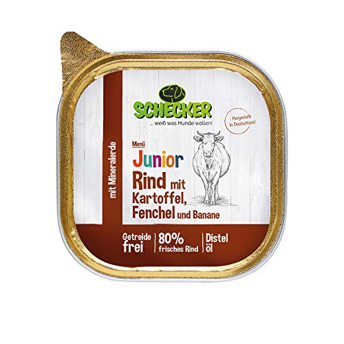 Schecker Nassfutter - Hundemenü Junior Rind mit Kartoffel, Fenchel und Banane - 12 x 200 g - Welpenfutter - 80% frisches Rind