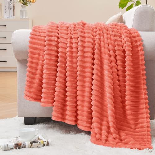 Image of BEDELITE Fleece Throw Blanket for Couch - 3D Ribbed Jacquard Soft and Warm Decorative Fuzzy Blanket - Cozy, Fluffy, Plush Lightweight Coral Red Throw Blankets for Bed, Sofa, 50x60 inches
