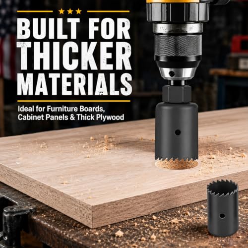 Image of KATA 8PCS Deep Cut Hole Saw Kit 1 inch - 2-1 /8 inch for Wood, PVC, Drywall, Plywood | Upgraded 48mm Cutting Depth Hole Saw Set for Thicker Wood, Cabinet Panels and Plastic, Includes 5 Sizes, Accessories and Case