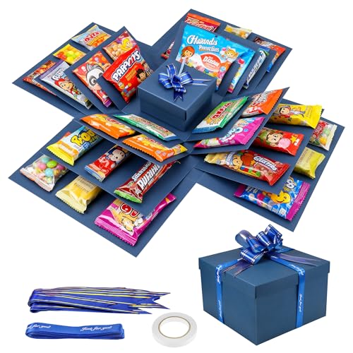 Zourglow 5 Capas Caja Sorpresa Regalo, DIY Explosion Surprise Box con Cinta Adhesiva + Cinta, Caja Sorpresa de Dulces Reutilizable para Navidad, Cumpleaños, Aniversario, Boda, San Valentín (Azul)