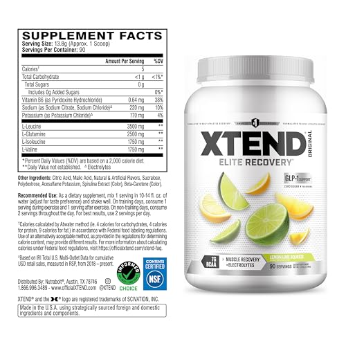 Image of Xtend Original BCAA Powder, 7g BCAAs and 2.5g L-Glutamine for Muscle Recovery Hydration and Lean Muscle, Sugar Free Intra and Post Workout Drink with Electrolytes, Lemon Lime Squeeze, 90 Servings