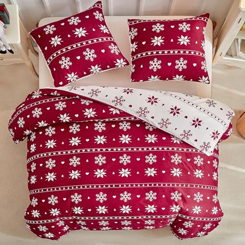 Image of Lekesky Christmas Duvet Cover King Size,3 Pieces Reversible Duvet Cover Set with Snowflake Holiday Bedding Set with Zipper and 8 Corner Ties, 1 Duvet Cover 104x90 inches + 2 Pillowcases