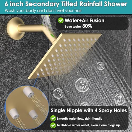 Sistema de Ducha Doble con Cabezal de Lluvia de 10 y 6 pulgadas y Rociador Manual 2 en 1 | Acabado en Dorado Cepillado, Válvula de Latón con Derivador de 3 Funciones, Montaje en Techo miniatura 4