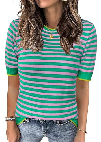 Image of Womens Tops Summer Short Sleeve Shirts Striped Sweater Cute Casual Top Trendy Women Clothing Crewneck Knit Blouses