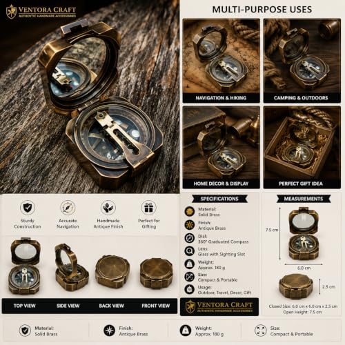 Vintage Brass Military Compass con lente plegable y reloj de sol, para senderismo, camping, navegación y coleccionistas miniatura 4
