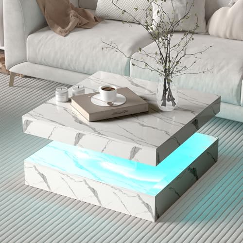 KEEPREAPER White Marble Square Coffee Table for Living Room, Modern Coffee Tables with Storage, LED Light Coffee Table 2-Tier Square Middle Center Table,Contemporary Wood Tea Tables for Dining - Image 6