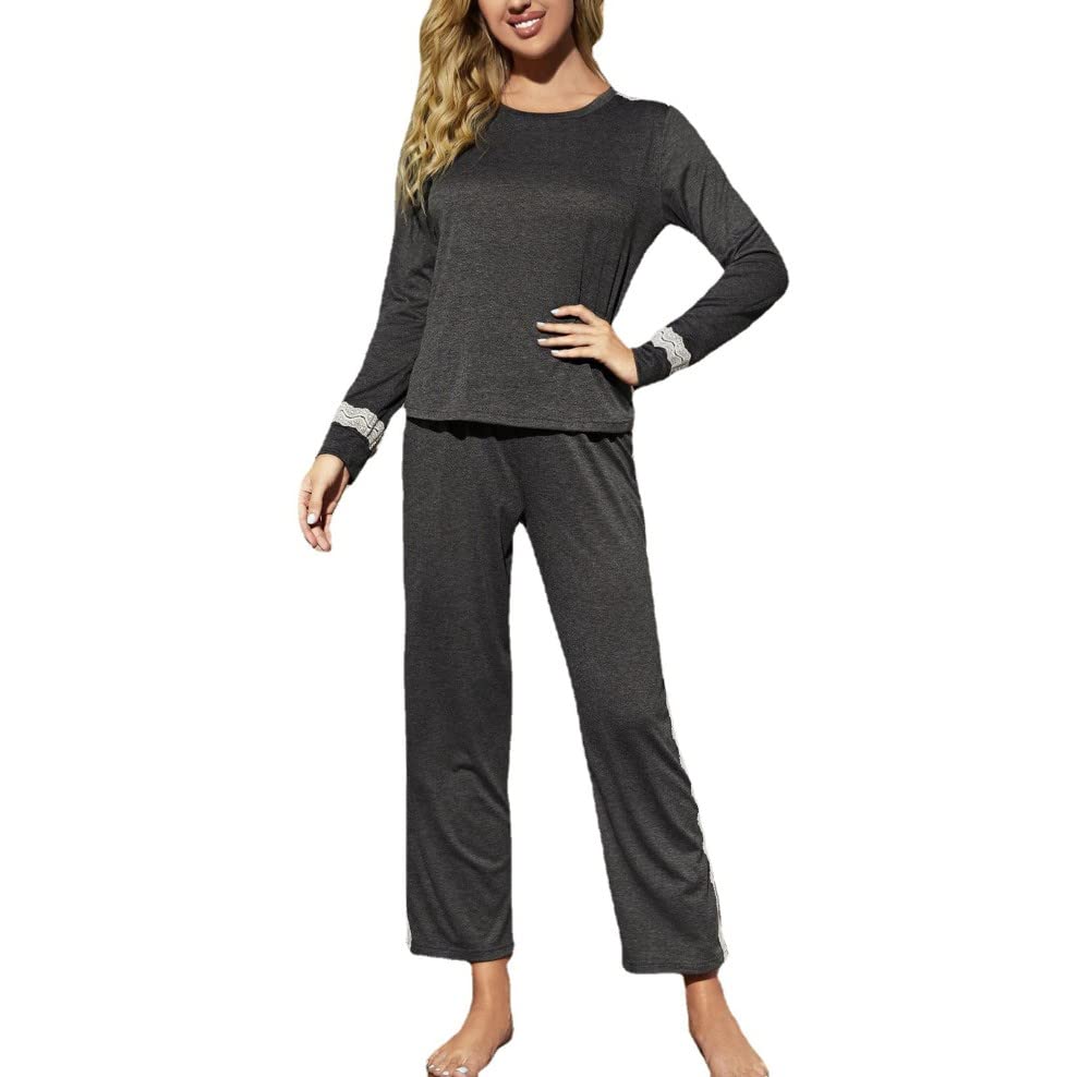 Ensembles De Pyjama Femme,Col Rond Polyester Manches Longues Ensemble De Vêtements De Nuit Femmes Deux Pièces Pyjama Doux Classique Décontracté Loungewear Cadeau pour Femme Petite Amie Maman Fê