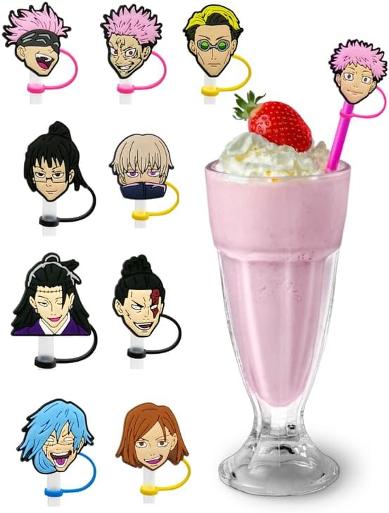 10pcs Anime Silicone Straw Covers Set - Reusable 6-8mm Straw Toppers Cup Top Tumbler Spill Tips Protectors Stanley Cup Straw Cover Drinking Straws Cute Accessories Modern Decorations (Jjutsu2)