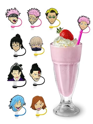 10pcs Anime Silicone Straw Covers Set - Reusable 6-8mm Straw Toppers Cup Top Tumbler Spill Tips Protectors Stanley Cup Straw Cover Drinking Straws Cute Accessories Modern Decorations (Jjutsu A)