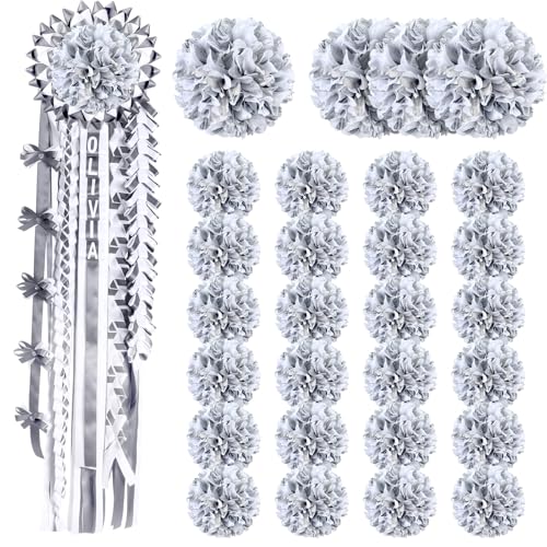 Thiccywoov 28 Pcs Homecoming Mum Flower Decoration 6.5/4.5 Inches Artificial Fake Silk Chrysanthemums Homecoming Supplies DIY Crafts for Home Back to School Week Party Decorations(Silver and White)