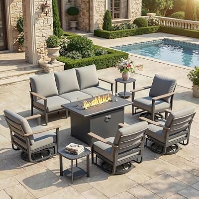 Sweecci Aluminum Outdoor Patio Furniture Set, 8-Piece Sectional Sofa with 5.1" Thick Cushions, 4 Swivel Rocking Chairs, 55,000 BTU Propane Fire Pit Table, Outdoor Couch for Backyard, Deck, Gray