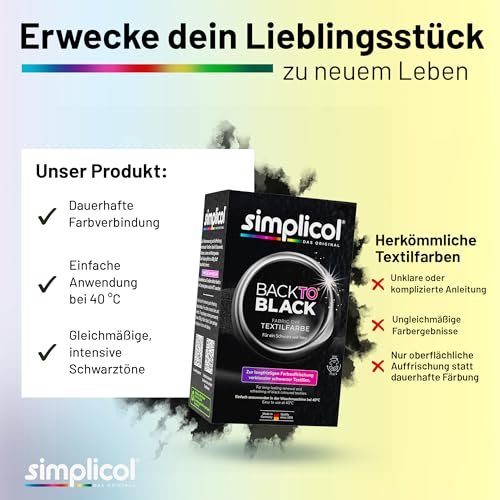 simplicol Back-To-Black Textilfarbe Schwarz 400 g | Farberneuerung für schwarze Kleidung und Stoff | Farbpulver für Waschmaschine für ein intensives Schwarz ohne Abfärben