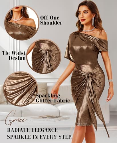 VIDUSSA Sparkly Glitter Dress for Women - One Shoulder Ruched Party Cocktail Tie Waist Bodycon Dresses3