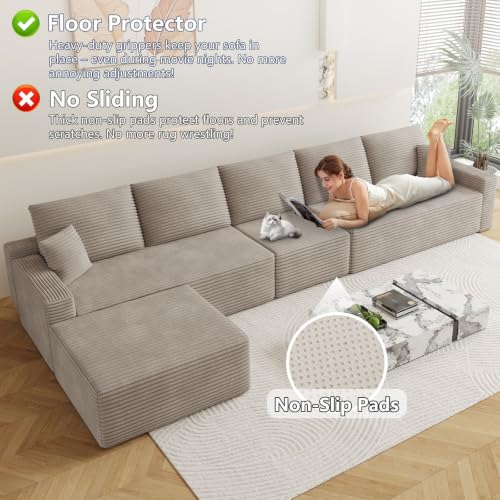 Image of Oversized Modular Sectional Sofa Couch, Large 6 Seater Corner Sofa Modern L Shaped Sectional Couch with Ottoman Cloud Couches for Living Room, Office, Spacious Space, Corduroy, No Assembly, Camel
