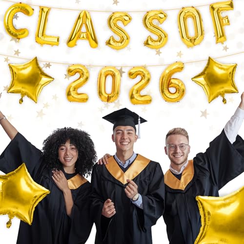 Image of Graduation Balloons, Class of 2026 Balloons, 16Inch Gold Grad Class of 2026 Letters Foil Balloon Sign with Star Balloons, Class of 2026 Decorations for High School College Graduation Party Decorations