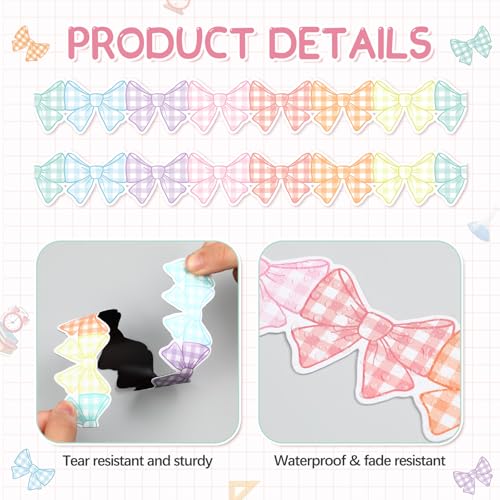 Image of TaoBary 24 Pcs Pastel Bow Magnetic Borders for Classroom Whiteboard 11.8 x 1.5 inch Gingham Bow Magnetic Bulletin Board Borders Scalloped Strips Trim for Classroom School Office Decoration
