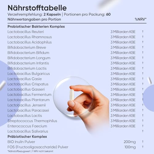 Kulturen Komplex mit 60 Mrd. KBE - 20 Bakterienstämme und Bio Inulin -120 vegane Kapseln - Bakterienkulturen mit Bifidobacterium, Lactobacillus Gasseri & Reuteri - 2 Monate Vorrat - WeightWorld