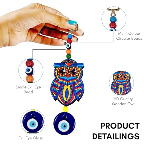 Image of PACKNBUY Evil Eye Owl Hanging for Home Entrance Main Door Car Office Wall Decor Protection Good Luck Turkish Evil Eye Nazar Battu Vastu Feng Shui (Blue Design 1)