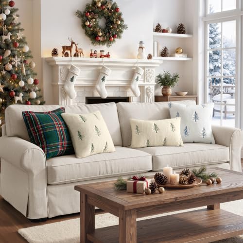 Image of MIULEE Christmas Decorative Faux Fur Pillow Covers 18x18 Inch Beige Green | Set of 2, Embroidered Christmas Tree Throw Pillows, Winter Couch Covers, Festive Home Decor for Sofa Bedroom Living Room