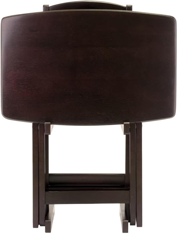 Pemberly Row 5-Piece Oversized Solid Wood Snack Table Set, Espresso Finish, Foldable Tables with Storage Stand, Curved Sides and Rounded Corners, Durable TV Tables for Living Room or Entertaining Use