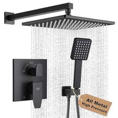 POP SANITARYWARE Matte Black Shower Faucet Set Rainfall 10 Inch Shower Head and Handle Set Bathroom Rain Shower System Wall Mounted Shower Fixture Include Shower Valve and Trim Kit