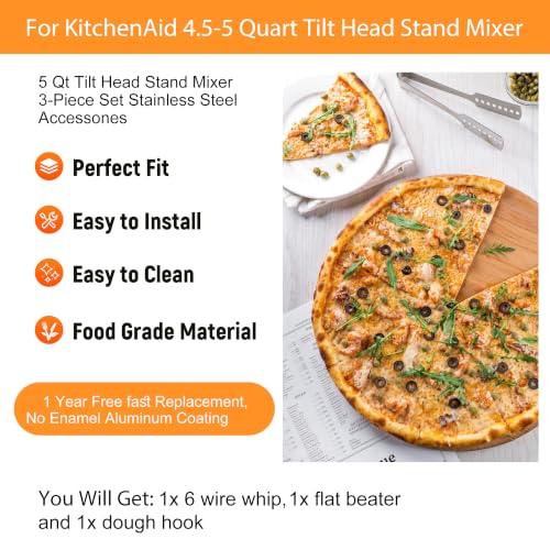 Image of Stainless Steel Accessories Compatible with KitchenAid 4.5 /5 Qt Tilt Head Mixer, 6 Wire Whisk, Flat Beater and Dough Hook for 5 Quart Mixing Bowl, Fits KSM45, KSM150,Heavy Duty,Dishwasher Safe