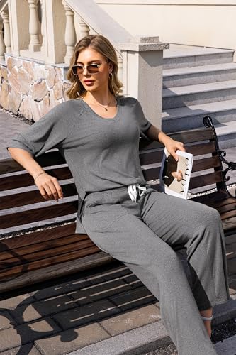 Image of difficort 2 Piece Lounge Sets for Women Summer Outfits Vacation Loungewear | Knit Raglan Short Sleeve Wide Leg pant with Pockets