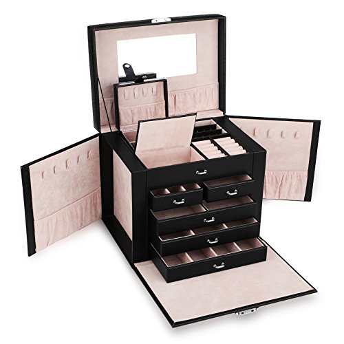 Allewie Caja de Joyería Caja de Almacenamiento Organizador de Joyas con Espejo y 5 Cajones para Joyas, Anillos , Pulseras y Collares, Color Negro