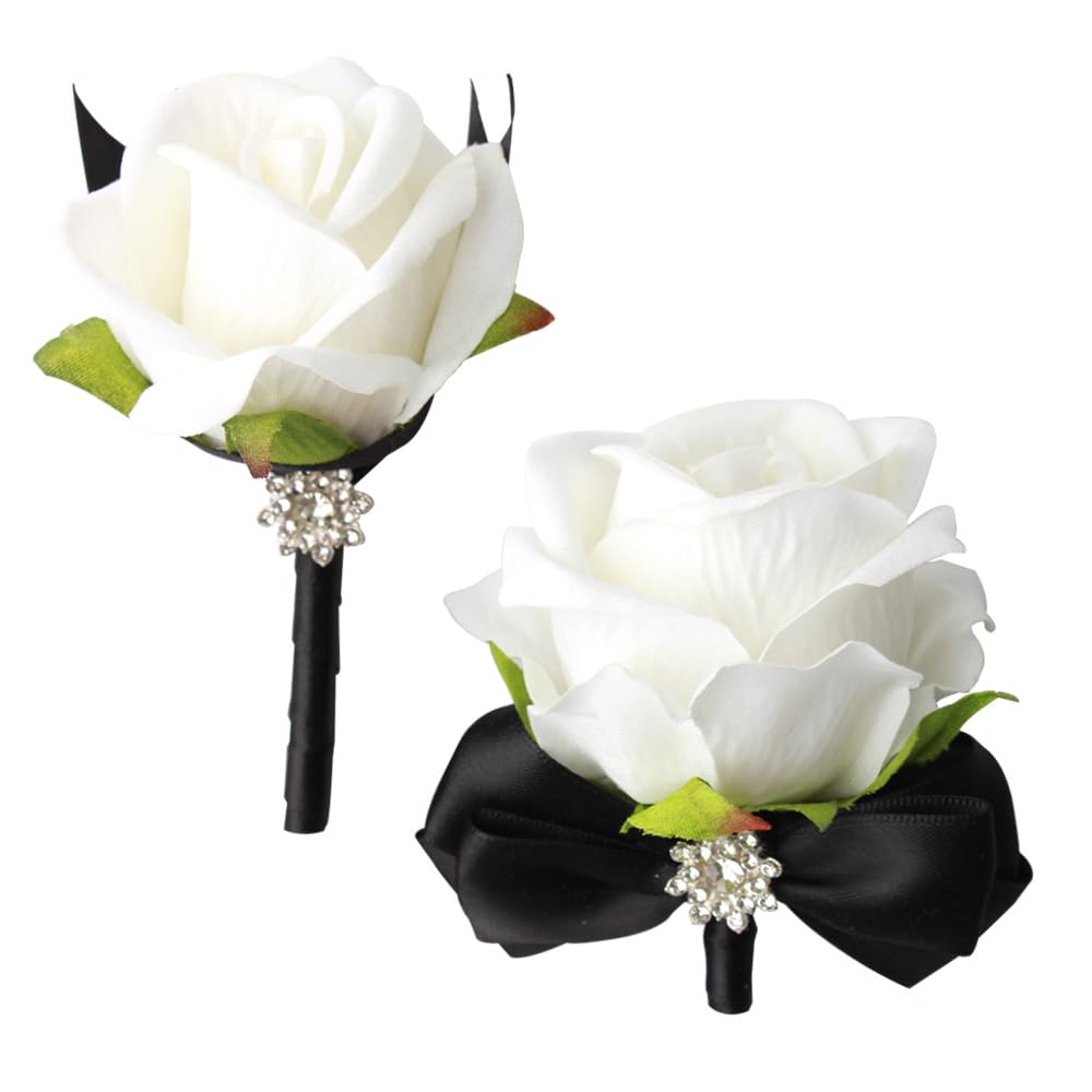 XIANYAGE Wrist Corsage Rose Corsage and Boutonniere Set for Bride Groom Wedding Prom Party Hand Flower Decoration Set of 2 (Black & White)