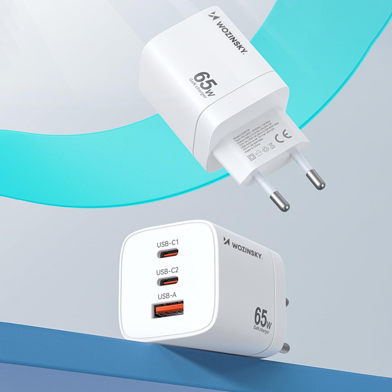 Wozinsky GaN szybka ładowarka 65 W – 1 x USB-A i 2X USB-C – kompaktowy adapter sieciowy – biała