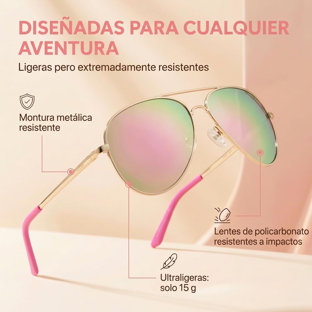 Kiddus Gafas de Sol Polarizadas Niño Niña UV400 CAT3 Protección Solar Infantil Montura Metálica