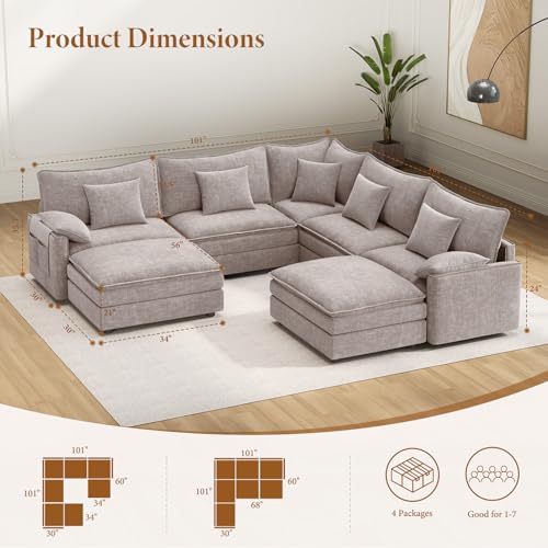 Image of Vesgantti V Shaped Sectional Couch with Ottoman Chenille for Living Room, Bedroom and Apartment, Khaki Brown