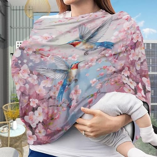 Image of Binienty Hummingbird Cherry Blossom Baby Carseat Canopies and Nursing Covers for Car, Breathable Babies Infants Stroller Cover, Sun Protection