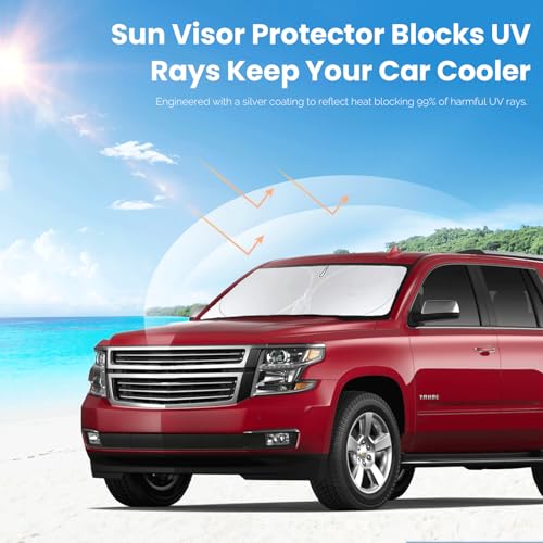 for Chevy Tahoe Windshield Sun Shade Foldable Sunshade-Custom Fit 2015-2020 Tahoe SUV Accessories for Chevrolet Windshield Cover 210T Reflective Front Window Protector Blocks UV Rays Sun Visor