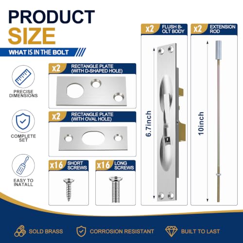 Image of Blulu 2 Pcs Solid Brass Extension Flush Bolt with Rod 10 Inch, 1 inch W x 6-3 /4 inch H Flush Bolt for French Doors & Double Doors, Sliver