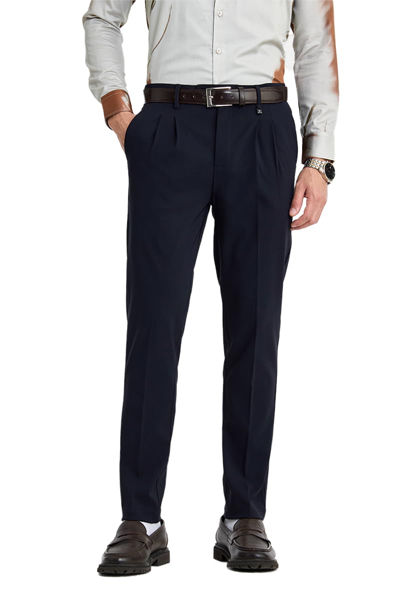 Men Trousers Formal Slim Fit Pleated Front Tapered Leg Silhouette | Textured Polyester Blend Medium-Stretch Fabric for Office & Business Meetings-image-25