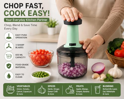 Image of 650 ML Manual Push Vegetable Chopper with 3 Stainless Steel Blades | Food Chopper | Onion, Garlic & Fruit Cutter